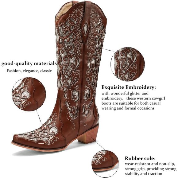 Women Brown Embroidery Sparkly Rhinestone Chunky Heel Mid Calf Wedding Boots - Picture 5 of 5